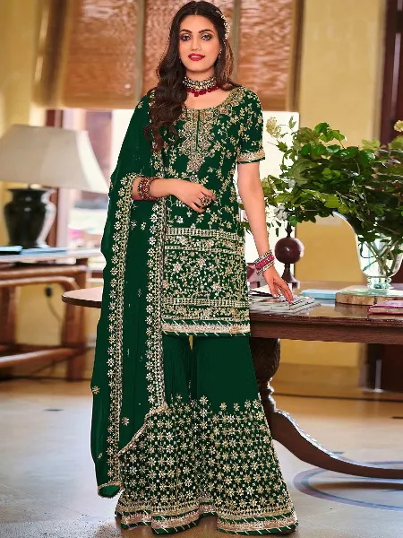 Sharara Suit With Heavy Embroidery Work in Georgette Green Color