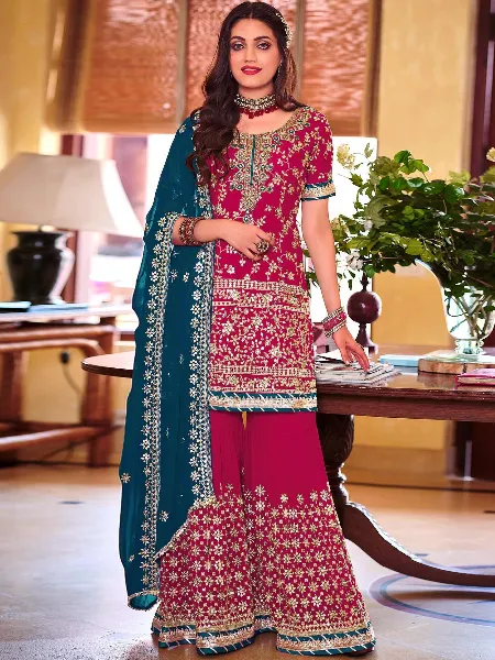 Sharara Suit With Heavy Embroidery Work in Georgette Pink Color