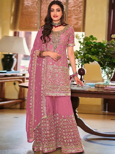 Sharara Suit With Heavy Embroidery Work in Georgette Onion Color
