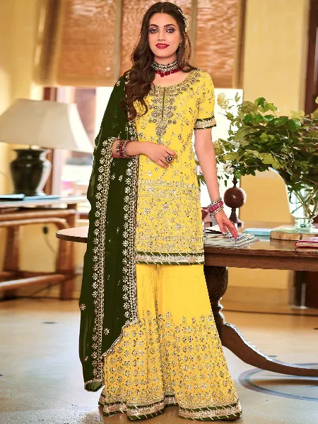 Sharara Suit With Heavy Embroidery Work in Georgette Yellow Color
