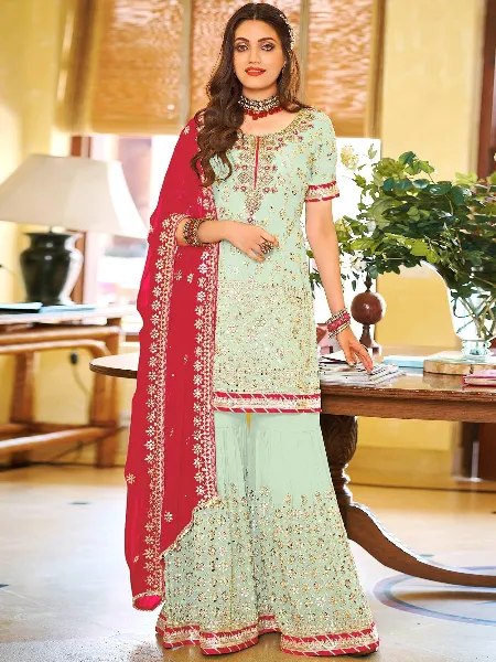 Sharara Suit With Heavy Embroidery Work in Georgette Pista Color