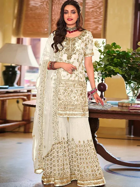 Sharara Suit With Heavy Embroidery Work in Georgette White Color