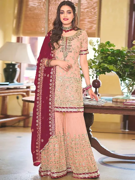 Sharara Suit With Heavy Embroidery Work in Georgette Peach Color