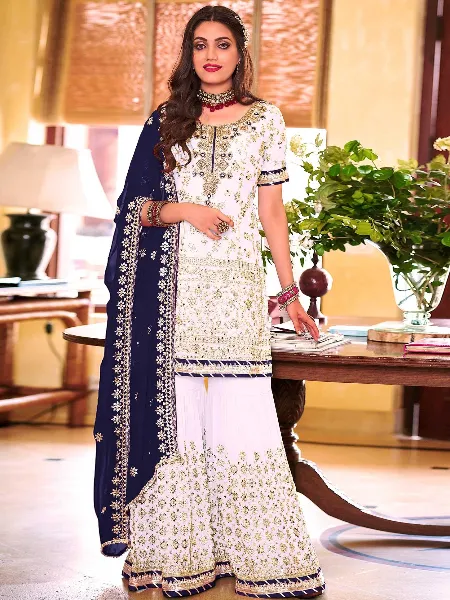 Sharara Suit With Heavy Embroidery Work in Georgette Light Lavender Color