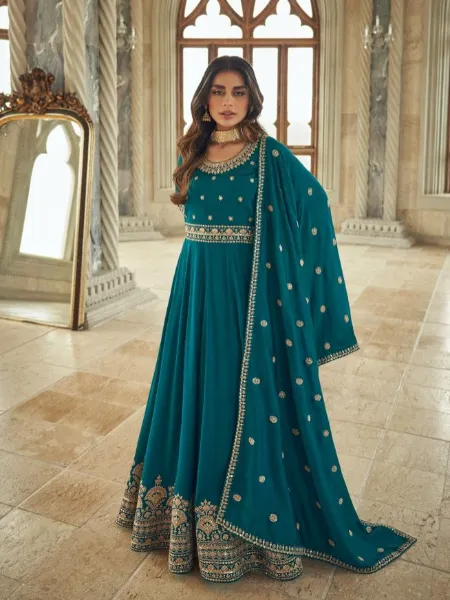 Anarkali Dress in Premium Silk With Heavy Cording Sequence in Rama Color