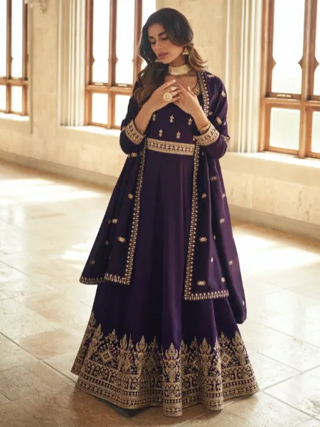 Anarkali Dress in Premium Silk With Heavy Cording Sequence in Wine Color