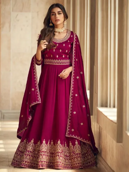 Anarkali Dress in Premium Silk With Heavy Cording Sequence in Maroon Color