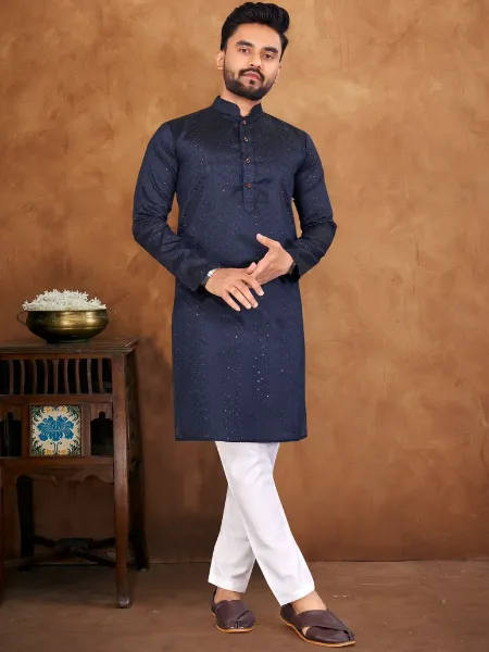 Traditional Mens Kurta Pajama Set in Navy Blue Jacquard With Sequence