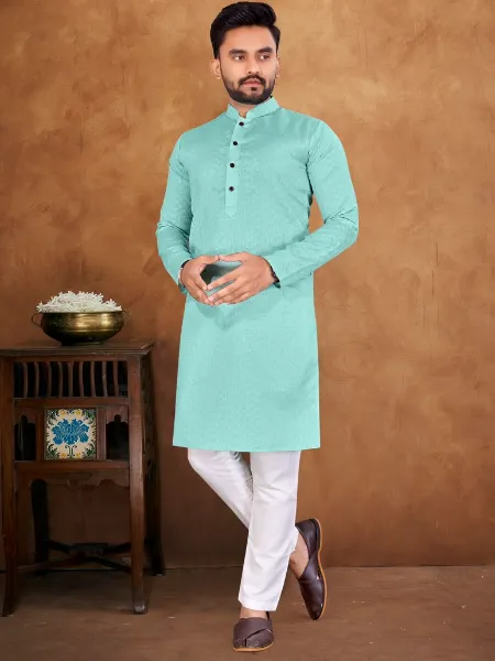 Traditional Mens Kurta Pajama Set in Sky Blue Jacquard With Sequence