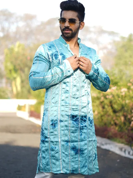 Mens Garba Kurta Pajama Set in Sky Blue Italian Silk With Sibori Print and Crochet