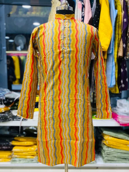 Mustard Mens Kurta Pajama Set in Cotton with Heavy Foil Print