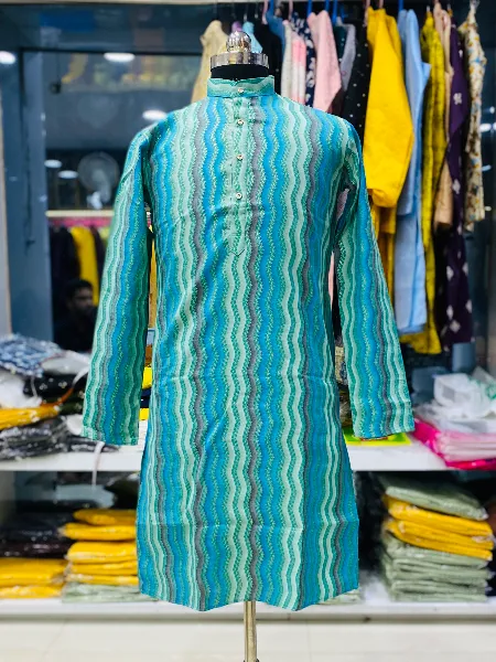 Sky Blue Mens Kurta Pajama Set in Cotton with Heavy Foil Print