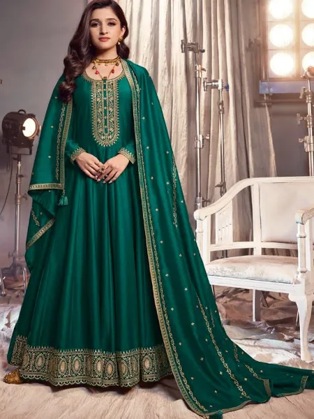 Premium Silk Anarkali Dress With Heavy Embroidery Sequence in Rama Color