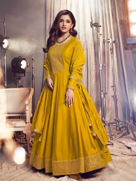 Premium Silk Anarkali Dress With Heavy Embroidery Sequence in Yellow Color