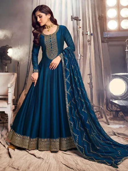 Premium Silk Anarkali Dress With Heavy Embroidery Sequence in Blue Color