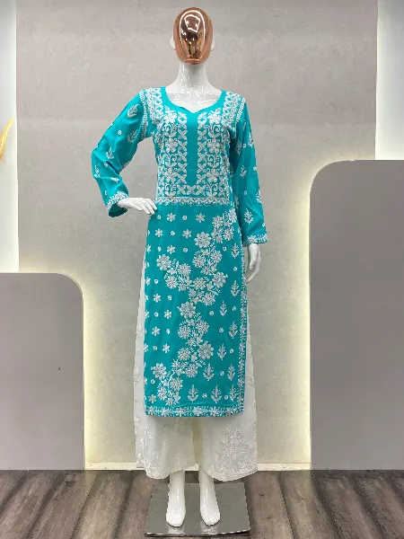 Sky Blue Top and Palazzo Pair With Cotton Thread Embroidery Work in Rayon