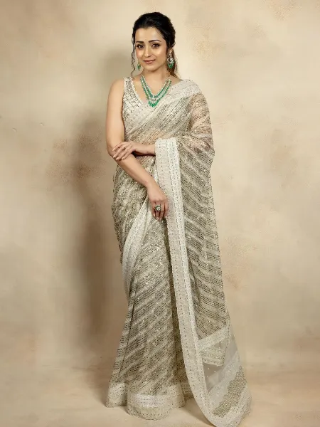 Actress Trisha Krishnan in White Net Saree Cotton Dhaga and Sequence Work