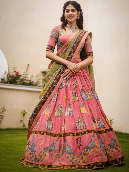 Pink South Indian Lehenga Choli With Kalamkari Print and Readymade Blouse