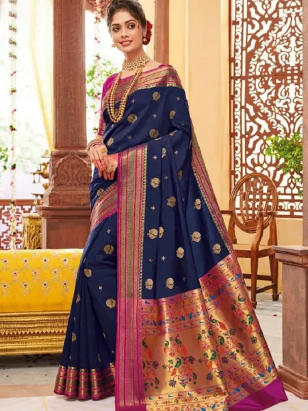 Paithani Saree in Navy Blue Color With Zari Weaving and Blouse