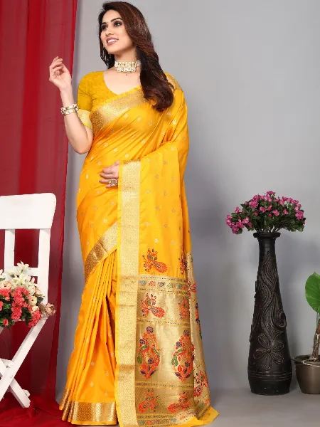 Yellow Paithani Silk Saree With Zari Weaving and Rich Pallu with Blouse