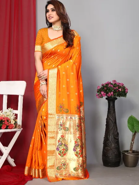 Orange Paithani Silk Saree With Zari Weaving and Rich Pallu with Blouse