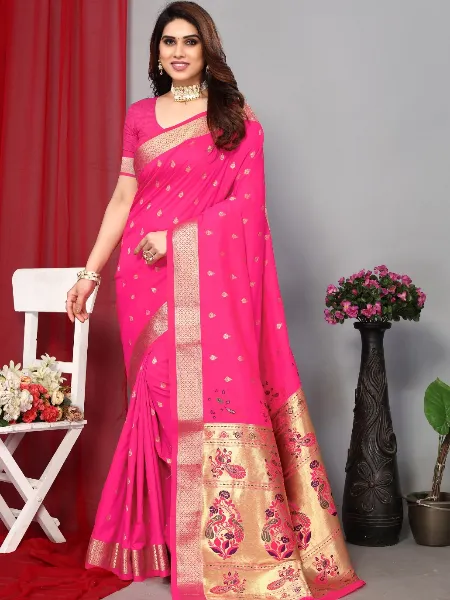 Pink Paithani Silk Saree With Zari Weaving and Rich Pallu with Blouse
