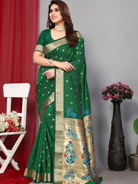 Green Paithani Silk Saree With Zari Weaving and Rich Pallu with Blouse
