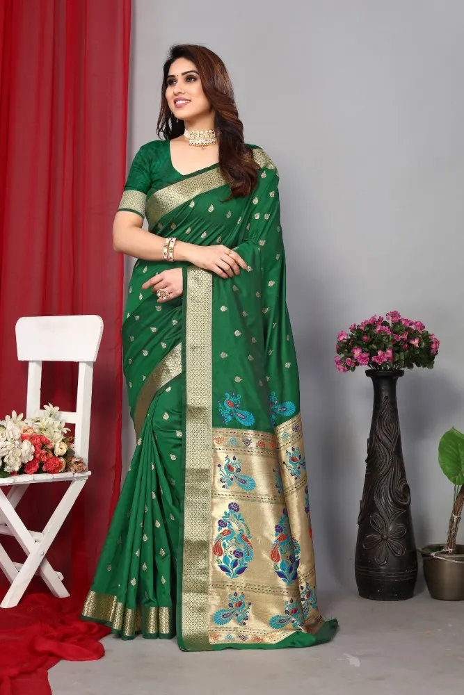 Jecquard Work Green,Pink Pure Silk Paithani Saree, 6.3 m (With Blouse  Piece) at Rs 820 in Surat