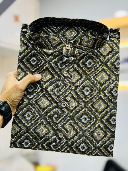 Black Mens traditional Kurta Pajama Set in Cotton with Heavy Foil Print