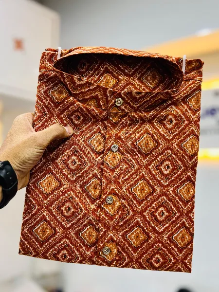 Orange Mens traditional Kurta Pajama Set in Cotton with Heavy Foil Print