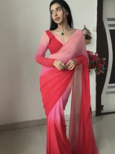 Light Pink Georgette Ready to Wear Saree With Padding Digital Print