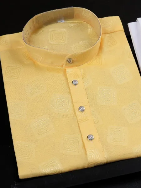 Yellow Mens traditional Kurta Pajama Set in Cotton with Weaving Work