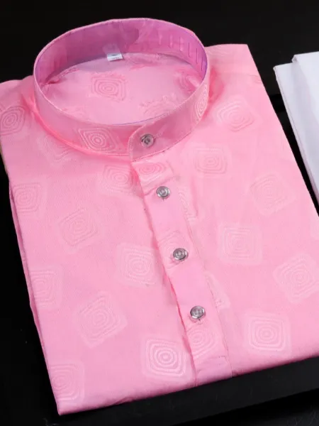 Pink Mens traditional Kurta Pajama Set in Cotton with Weaving Work
