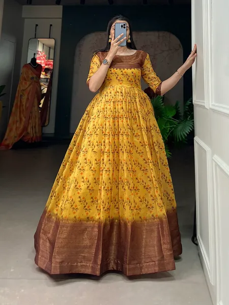 Yellow Color Soft Cotton Gown With Print and Zari Weaving Work