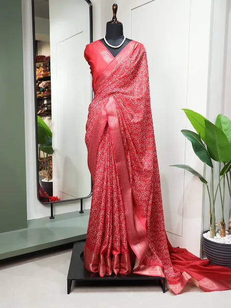 Red Color Dola Silk Saree With Print and Zari Weaving Border With Blouse