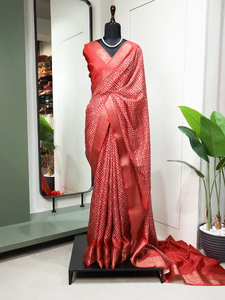 Red Color Dola Silk Saree With Beautiful Print and Zari Weaving Border With Blouse