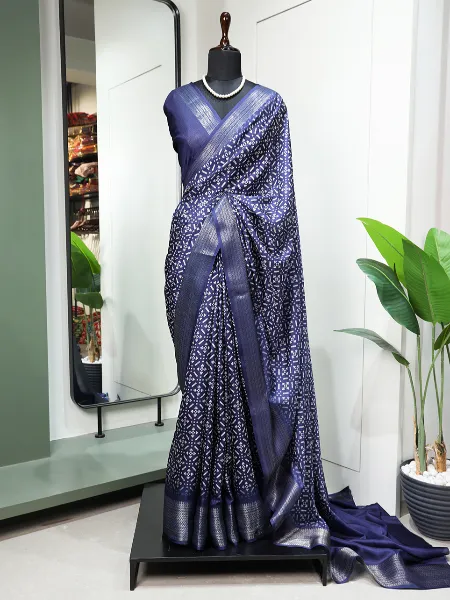 Navy Blue Color Dola Silk Saree With Print and Zari Weaving Border With Blouse
