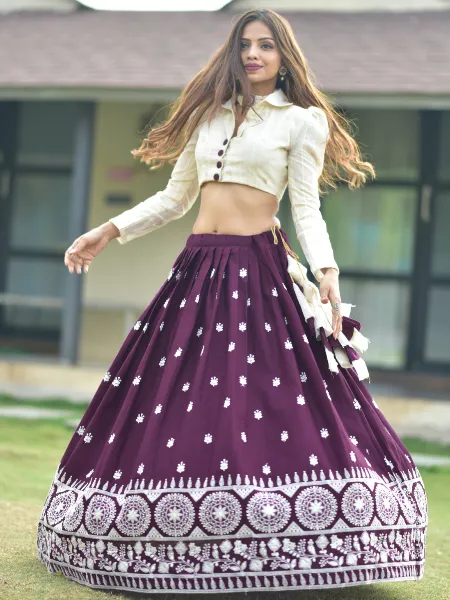 Cotton Ready to Wear Lehenga Choli in Wine With Cotton Thread Embroidery