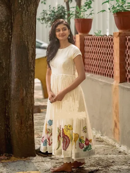 Creme South Indian Gown With Kalamkari Print in Chent Crepe Ready to Wear