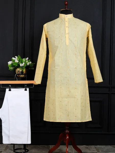 Yellow Color Men's Kurta Pajama Set in Pure Cotton With Weaving Work