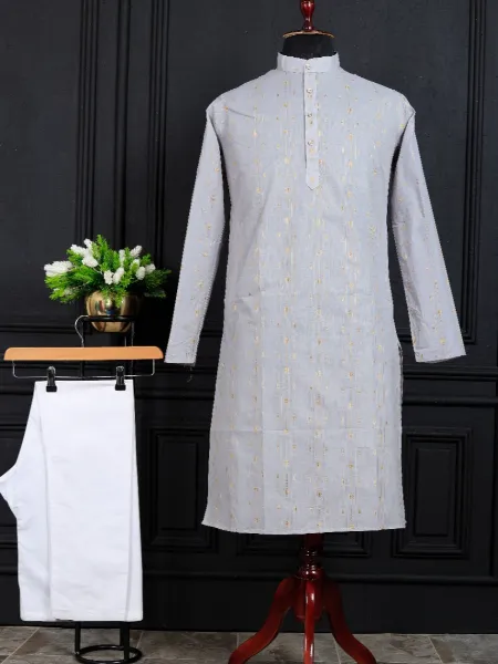 Grey Color Men's Kurta Pajama Set in Pure Cotton With Weaving Work