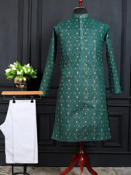 Green Color Men's Kurta Pajama Set in Pure Cotton With Weaving Work