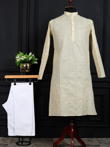 Cream Color Men's Kurta Pajama Set in Pure Cotton With Weaving Work