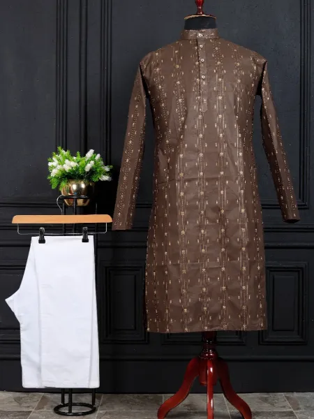 Coffee Color Men's Kurta Pajama Set in Pure Cotton With Weaving Work