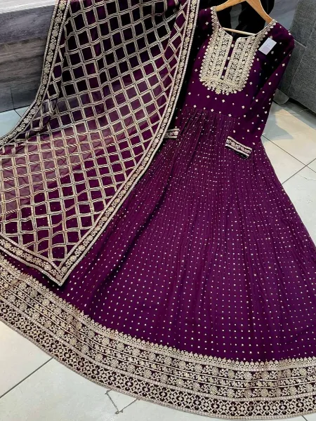 Reception Gown in Wine Color Georgette With Sequins Embroidery Work