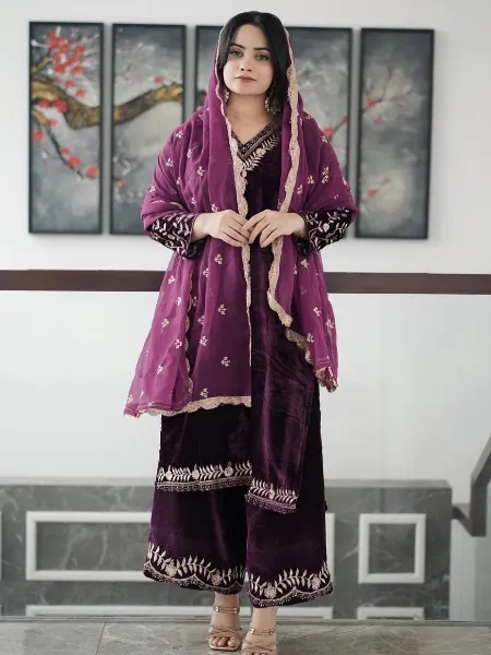 Purple Color Top Pant and Dupatta Set With Sequins Embroidery in Velvet
