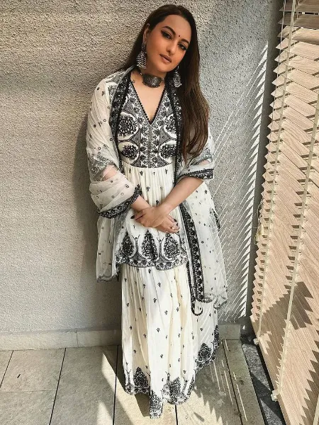 Sonakshi Sinha Top Sharara Pair in White Georgette With Sequence Embroidery