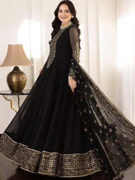 Black Color Fancy Gown With Sequence Embroidery Work in Georgette With Dupatta
