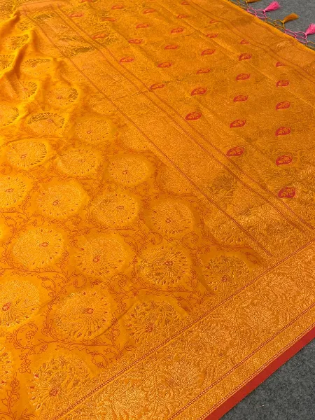 Haldi Saree in Yellow Pure Banarasi Silk With Rich Pallu Copper Zari Weaving