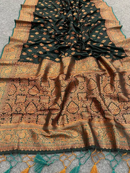 Pure Banarasi Silk Green Saree With Rich Pallu Zari Weaving Work Indian Sari